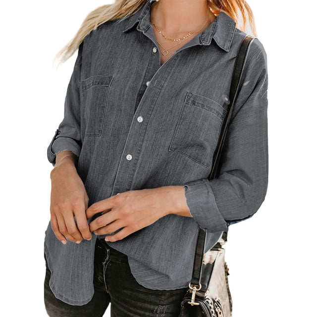 Txlixc Blusa vaquera de moda femenina, solapa de color sólido, botón de manga larga, blusa vaquera suelta Txlixc moda