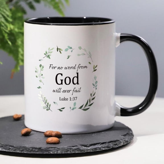 1pc 11oz Christian Ceramic Coffee Mug with Luke 1 37 Bible Verse No Word from God Will Ever Fail Inspirational Elegant Leaf Wreath Design Home Office