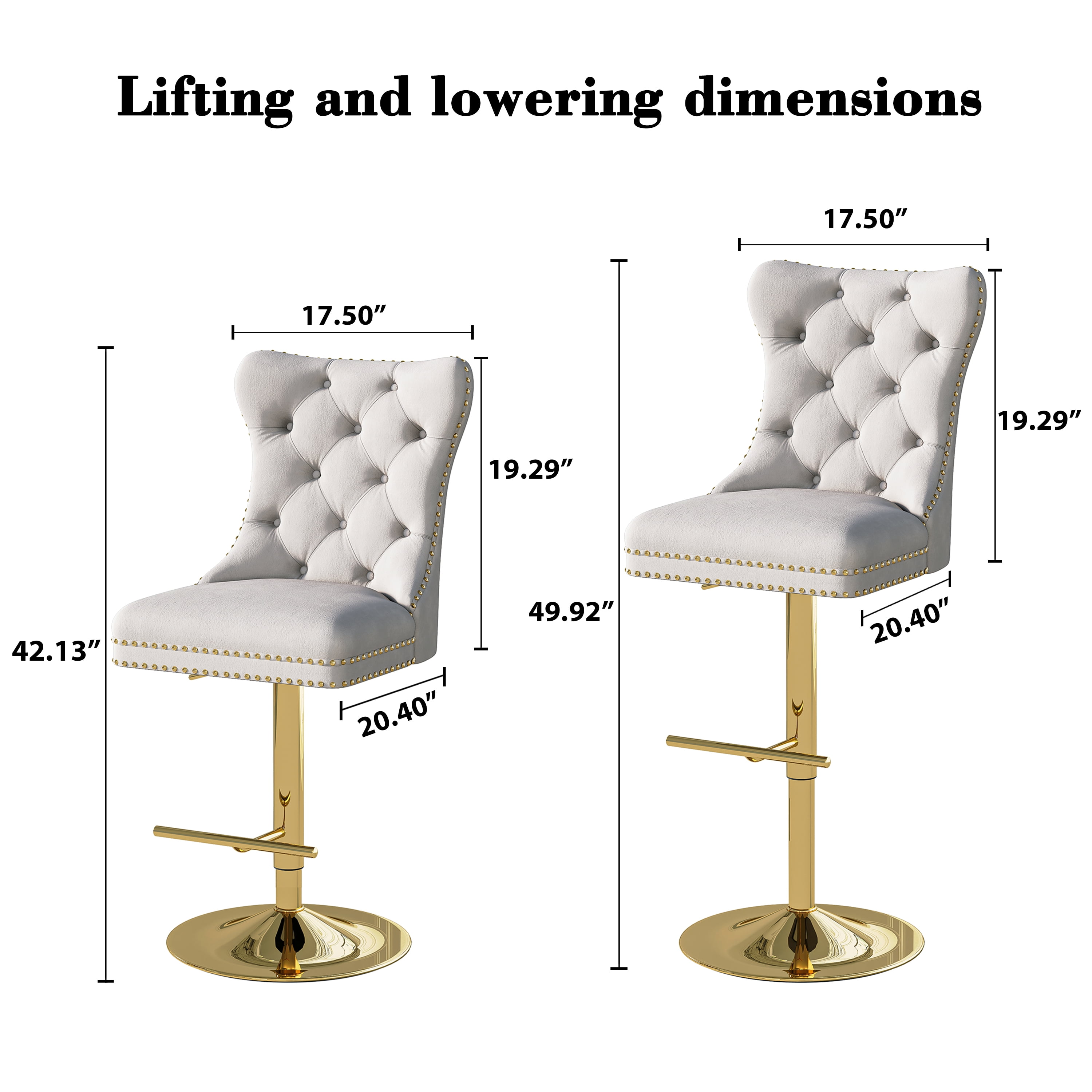 Modern Velvet Bar Stools Set of 2 Adjustable Swivel Counter Height Chairs with Upholstered Back and Nailhead Trim for Home Pub Kitchen Island