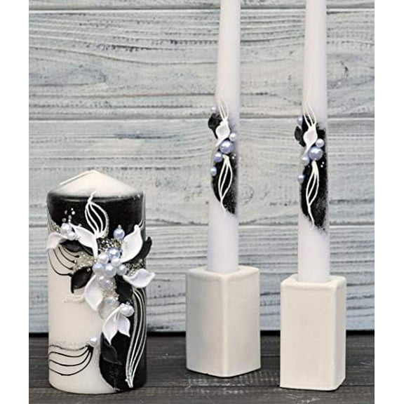 Unity Candle Set for Wedding Ceremony & Reception – 6” Pillar & Two 10” Taper Candles – Long Burning Unity Candles for Marriage Ritual – Handmade in USA – Black | White