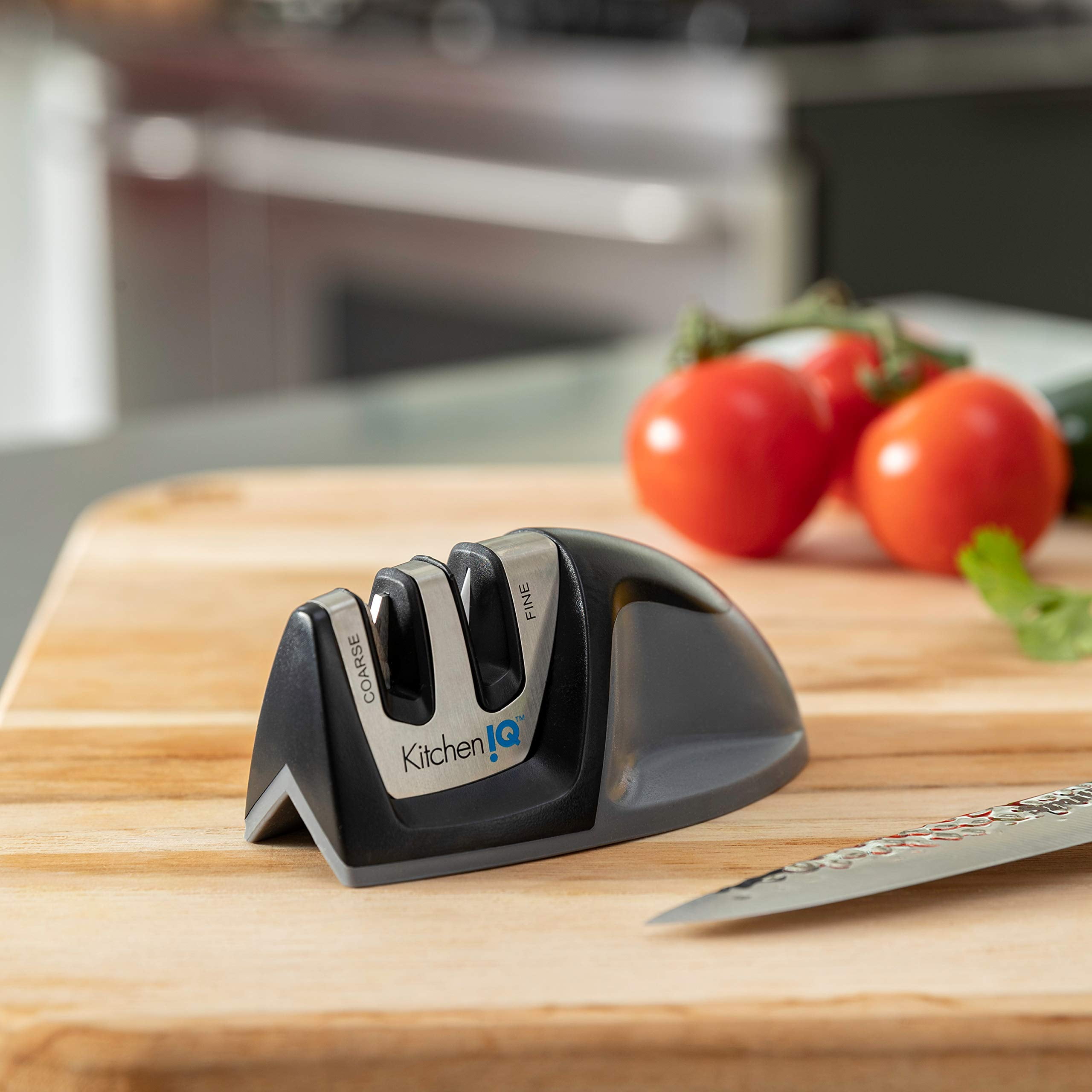 KitchenIQ 51420 | Edge Grip 2-Stage Knife Sharpener | 3 Pack | Coarse & Fine | Compact for Easy Storage | Stable Non-Slip Base | Soft Grip Rubber Handle | Straight & Serrated Knives, Black/Carbide