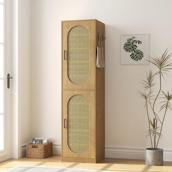 Woven Shoe Cabinet with Rattan Doors for Entryway, Shoe Storage Cabinet with Wood Adjustable Shelves and Boot Organizer for Living Room Closet