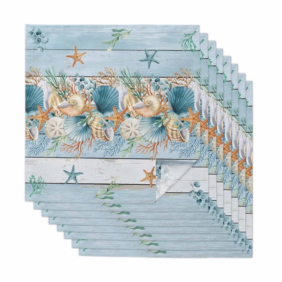 Blue Beach Coastal Cloth Napkins, Nautical Shell Starfish Coral Summer Washable and Reusable Dinner Napkins Set of 8, Table Napkin for Kitchen Party Birthday Wedding Hotel Housewarming 20"x20"