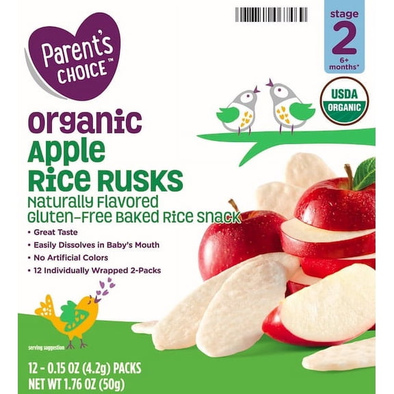 Parent's Choice Organic Apple Rice Rusks Baby Snacks, 0.15 oz Box (12 Pack)