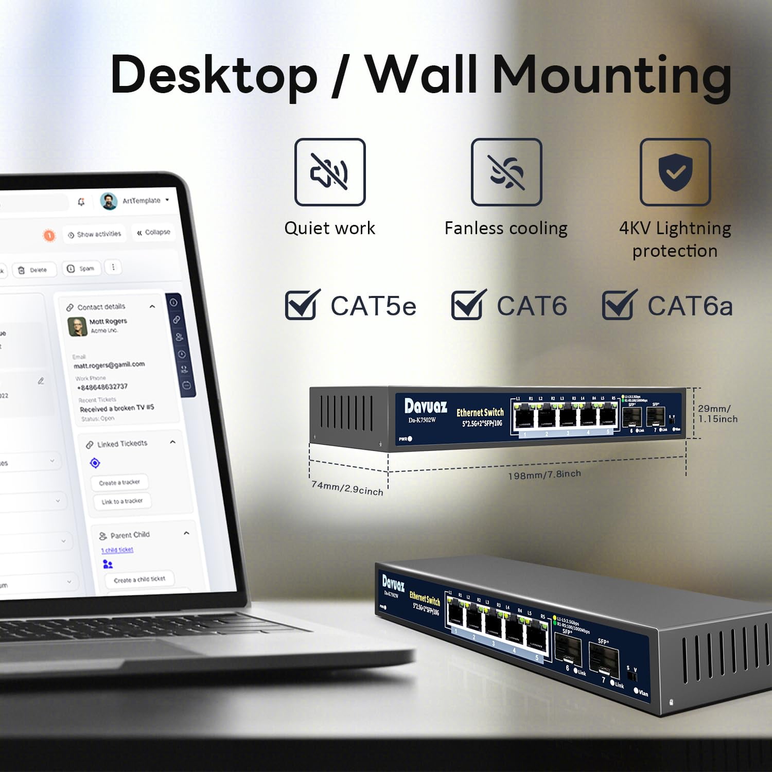 Davuaz 2.5G Unmanaged Ethernet Switch with 5 x 2.5G Base-T Ports and 2 x 10G SFP Uplink Port, Compatible with 100/1000/2500Mbps, Fanlesss Design, Plug & Play, Metal 2.5Gb Network Switch