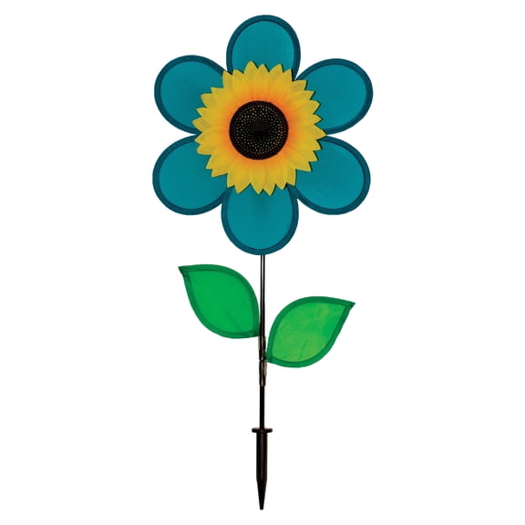 In the Breeze 2776 - 12 Inch Teal Sunflower Spinner with Leaves — Colorful Flower for your Yard and Garden