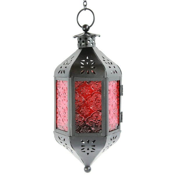 Red Glass Hanging Moroccan Candle Lantern with Chain