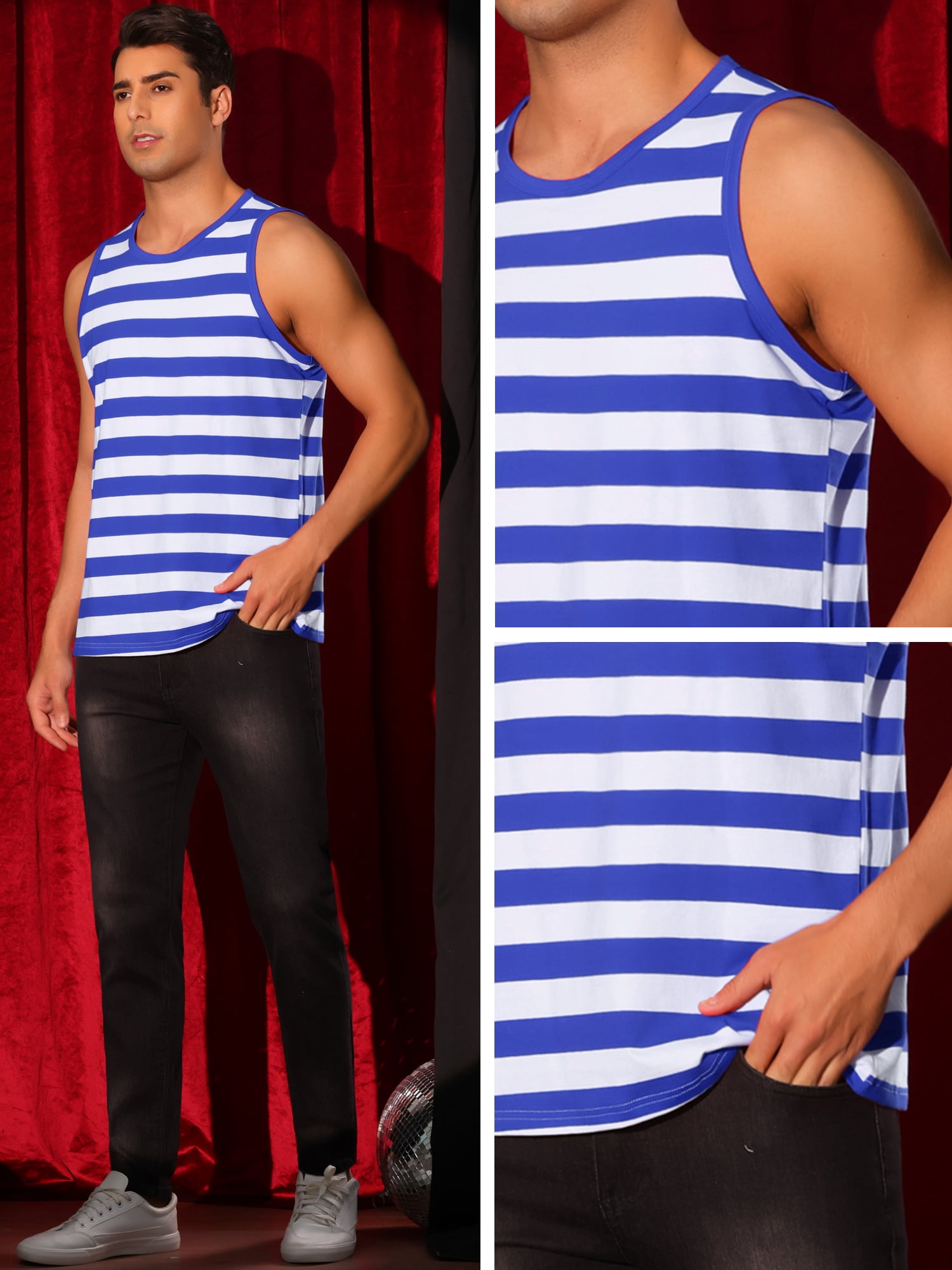 DARING DIVA Men's Stripes Tank Sleeveless T-Shirt Crew Neck Striped Vest L Blue White