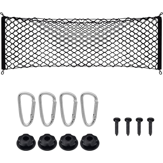 Heavy Duty Cargo Net, Adjustable Elastic Rear Trunk Net with 4 Metal Hooks, Universal Double-Layer Storage Organizer, Automotive Cargo Nets for SUV, Cars, 43.3x15.7 inches