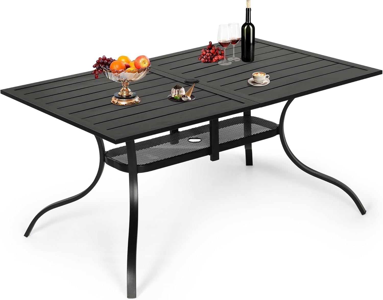 SOLAURA Outdoor Dining Table, 60" x 37"Outdoor Rectangular Metal Table with 1.57" Umbrella Hole, for Backyards, Porches, Gardens or Poolside, Black