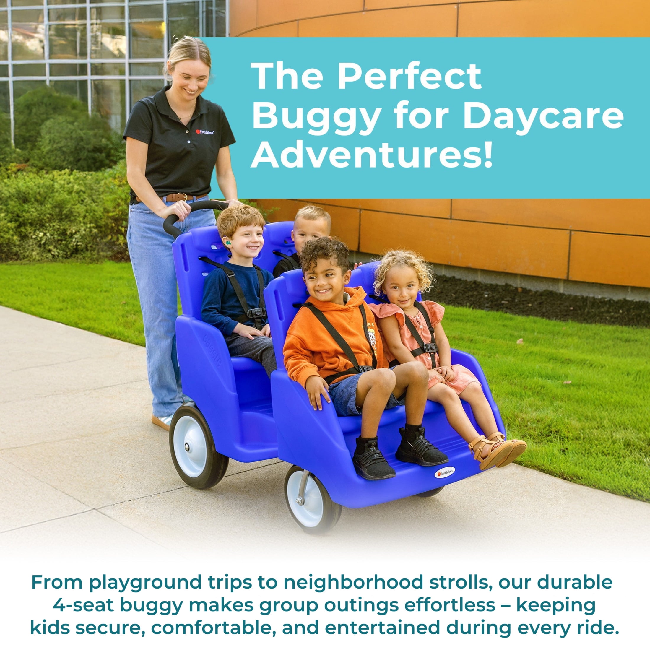 Foundations Gaggle Parade 4-Seat Buggy Stroller, Durable Quad Daycare Stroller with Safety Harness, Blue