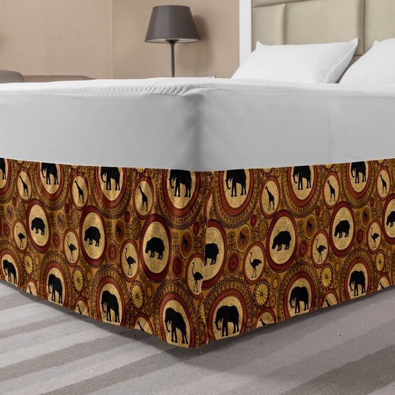 Zambia Bed Skirt, Animals Elephant Camel Giraffe Ostrich Graphic Print in Warm Colors, Elastic Bedskirt Dust Ruffle Wrap Around for Bedding Decor, 4 Sizes, Cinnamon Ginger and Black, by Ambesonne