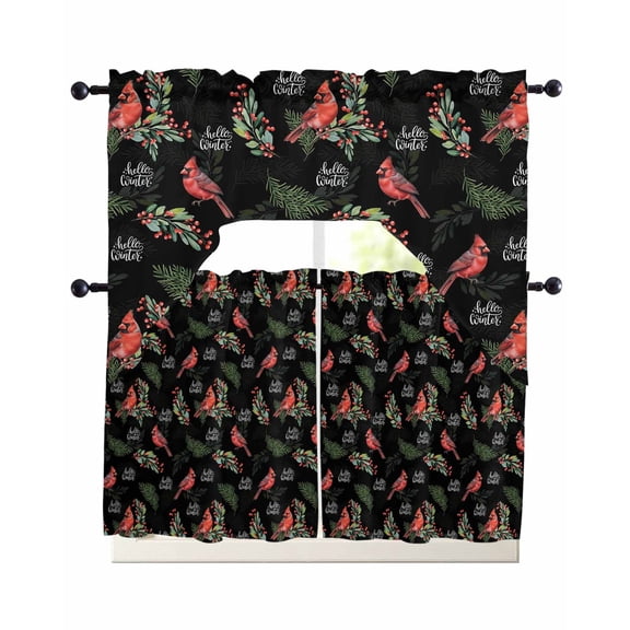 Cardinal Bird Swag Curtains for Living Room/Bedroom Windows, Holly Branches Berry Winter Botanical Black Kitchen Curtains and Valances Set 36 Inch Length, Light Filtering Swags Valance Curtain Panels