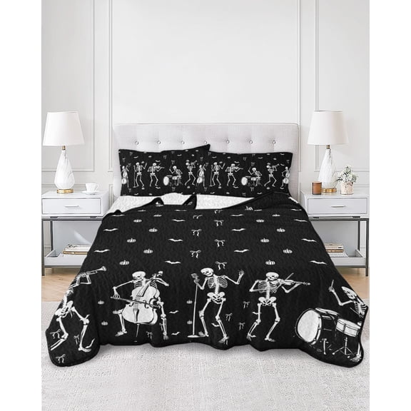Quilts King Size, Musical Skeleton Halloween Soft Comforter Bedding Set for Bed, Black White Bat Bow Lightweight Quilted Bedspread with Pillow Cover(2 Pieces) for All Season, 96x106 Inch