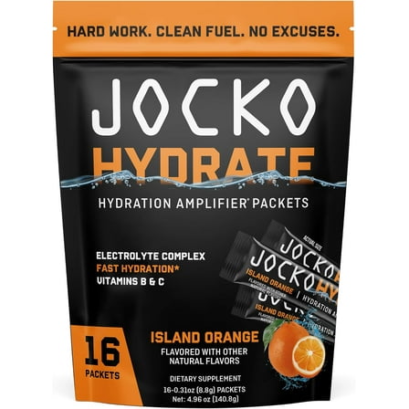 Jocko Fuel Hydrate Electrolytes Powder Packets Low Sugar - Hydration Amplifier Packets for Recovery, Dehydration, & Exercise - with Vitamins B6, B12 & C (16 Packets) Island Orange
