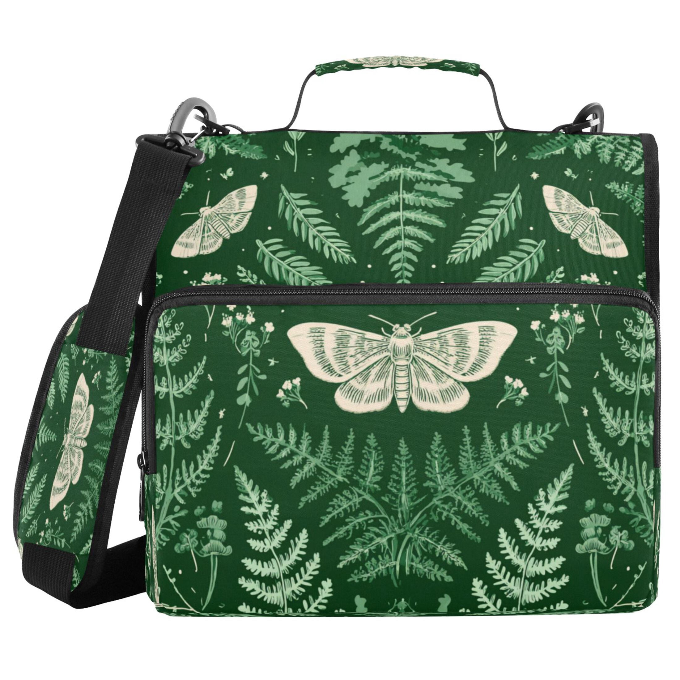 Zipper Binder 3 Rings Stationery Office Files Daily Organizer File Folder Storage Bag Green Ferns and Moths