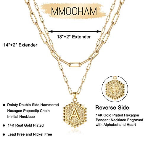 M MOOHAM Dainty Layered Initial Necklaces for Women, 14K Gold Plated Paperclip Chain Necklace Simple Cute Hexagon Letter Pendant Initial Choker