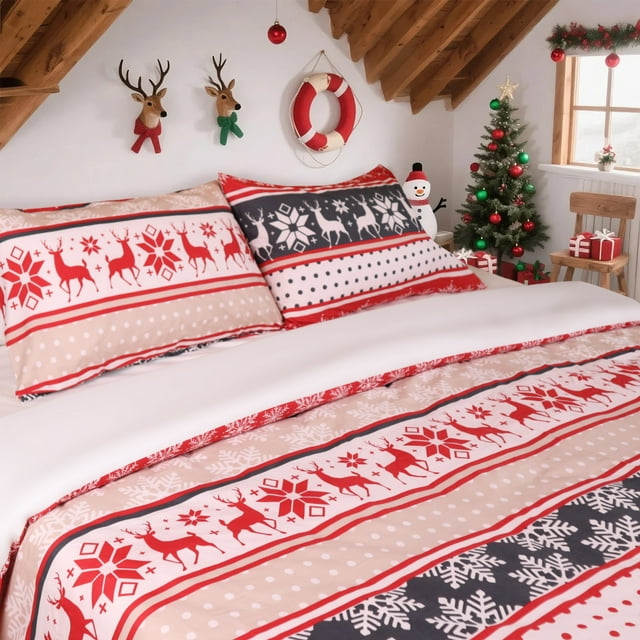 Hitime Funda Nórdica Navideña Tamaño King 3 Piezas - Microfibra Suave y Transpirable, Tema Festivo, Incluye 1 Funda Nórdica y 2 Fundas de Almohada
