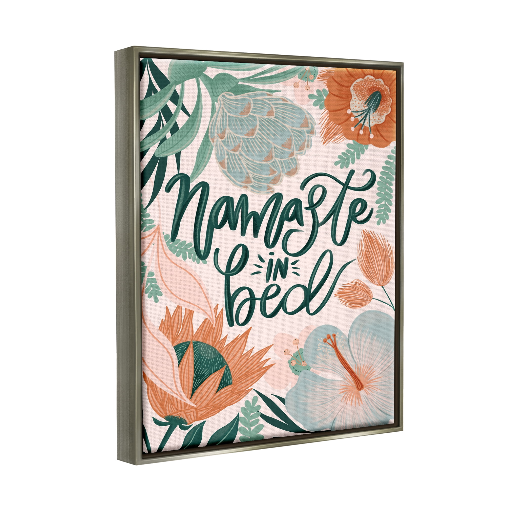 Stupell Industries Namaste In Bed Floral Botanical & Floral Painting Gray Floater Framed Art Print Wall Art, 17 x 21