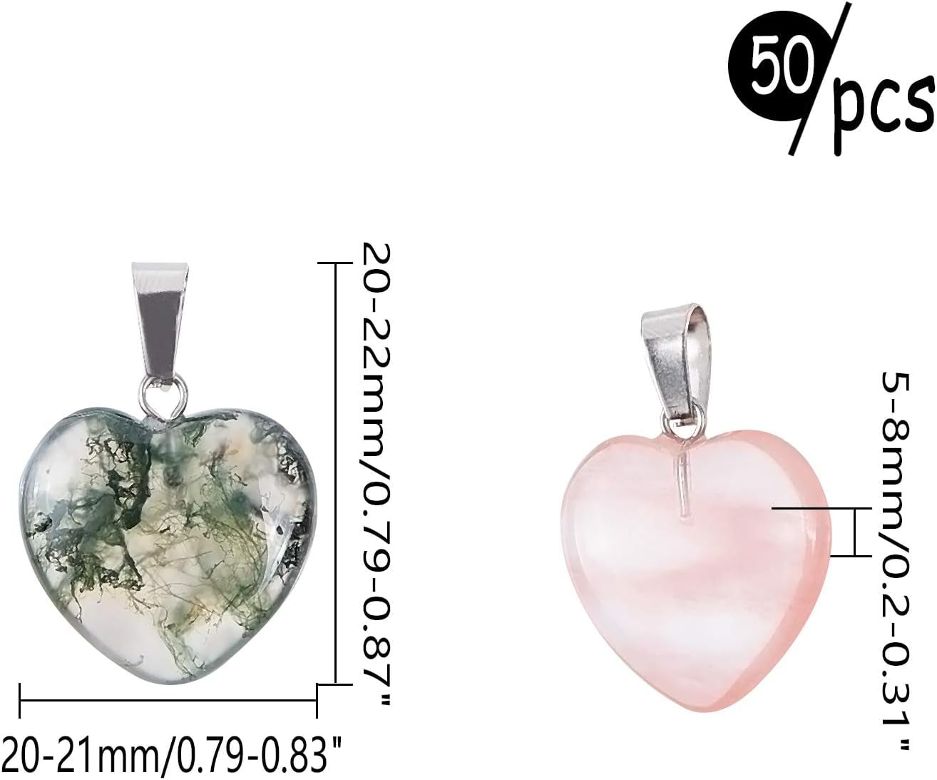 50PCS Heart Beads Pendants Gemstone Stone Charms Healing Stone Beads Pendants for DIY Necklace Jewelry Making-Assorted Color PlatinumDIY