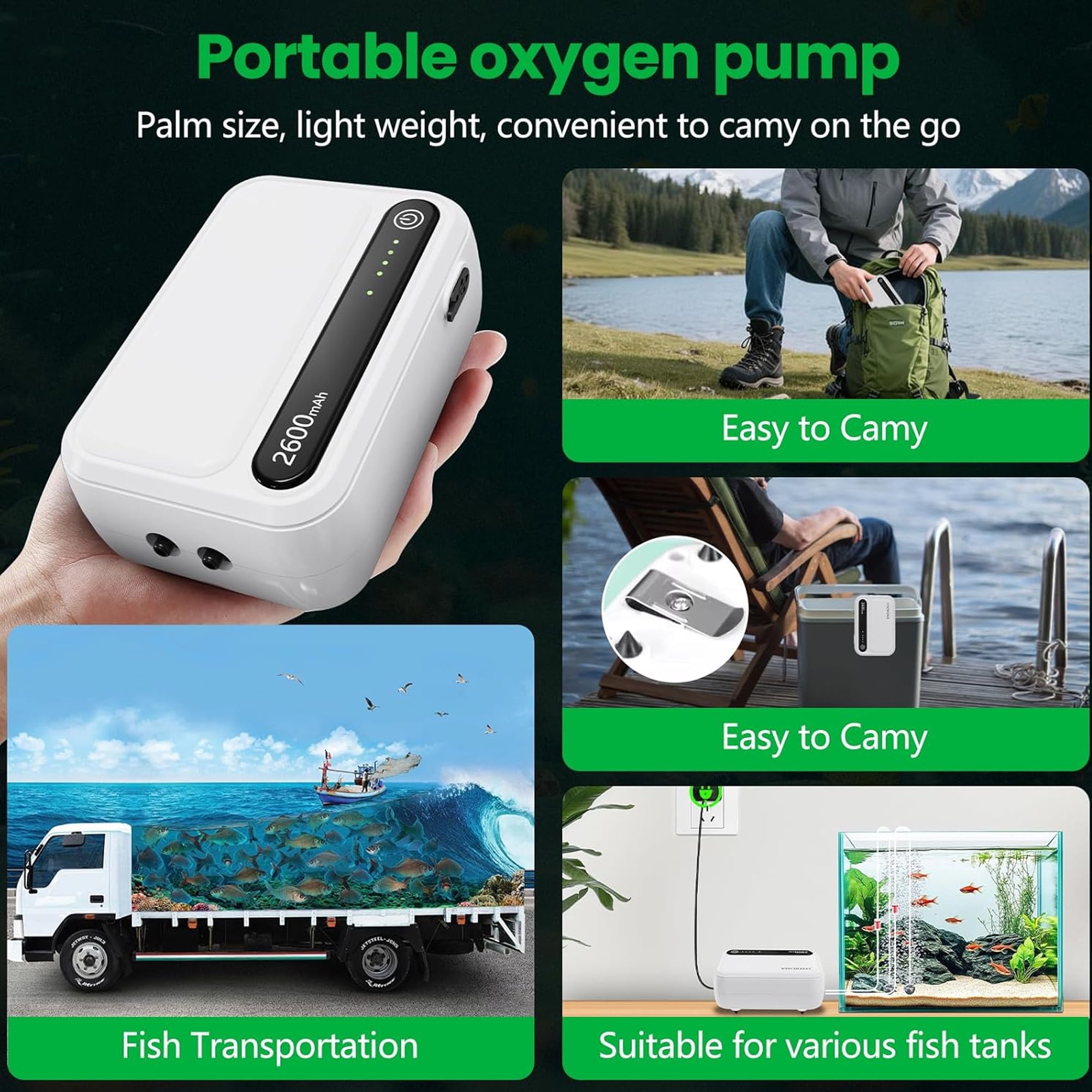 Aquarium Air Pump, Portable Aerator for Fish Tank, Fish Tank Air Pump Bubbler Aerator for Outdoor Fishing, Aquarium, Aquarium Oxygen Pump with Airline Tubing, Air Stone, Check Valve