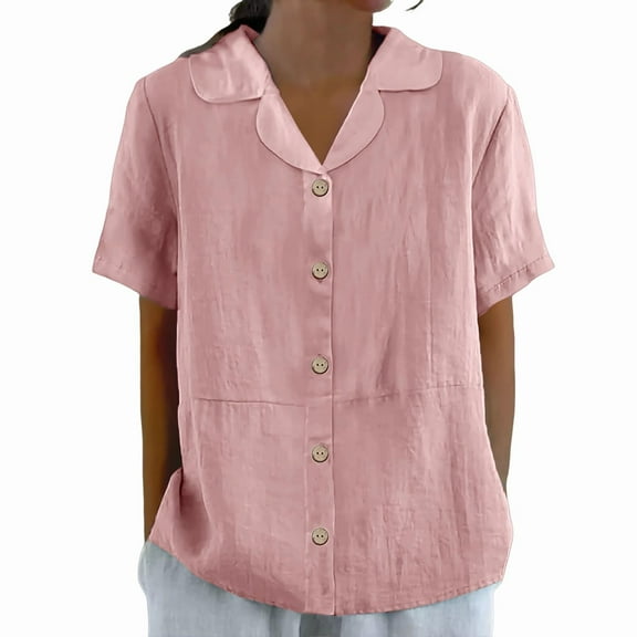Pink Womens Tops Women's Cotton and Linen Summer Casual Collar Short Sleeved Blouse Shirts for Women