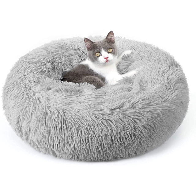 Cama para gatos Rabbitgoo, relajante, de felpa, rosquillas, color gris claro