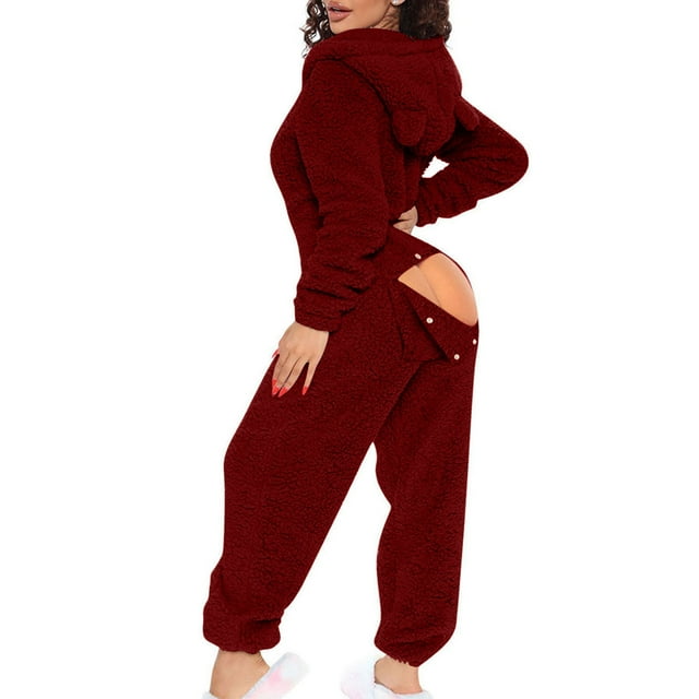 DPTALR Women's Winter Ear Buttoned Flap Functional Costume Zipper Front Hooded Lounge Jumpsuit Comfortable Pajamas