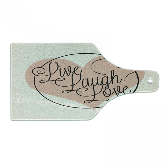 Live Laugh Love Cutting Board, Romance Valentine's Day Theme Calligraphy Art Heart Butterfly, Tempered Glass Cutting and Serving Board, Wine Bottle Shape, Pale Pink Black White, by Ambesonne