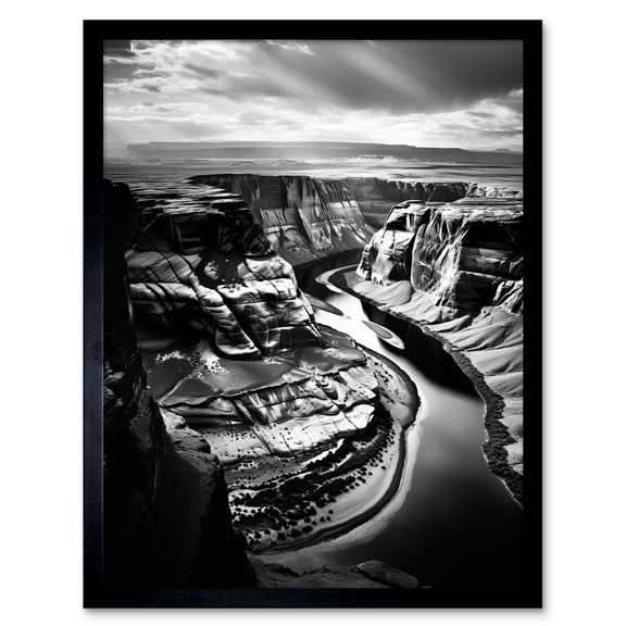 Glen Canyon Colorado River Bend Black and White Photograph High Contrast Dramatic Landscape Art Print Framed Poster Wall Decor 12x16 inch