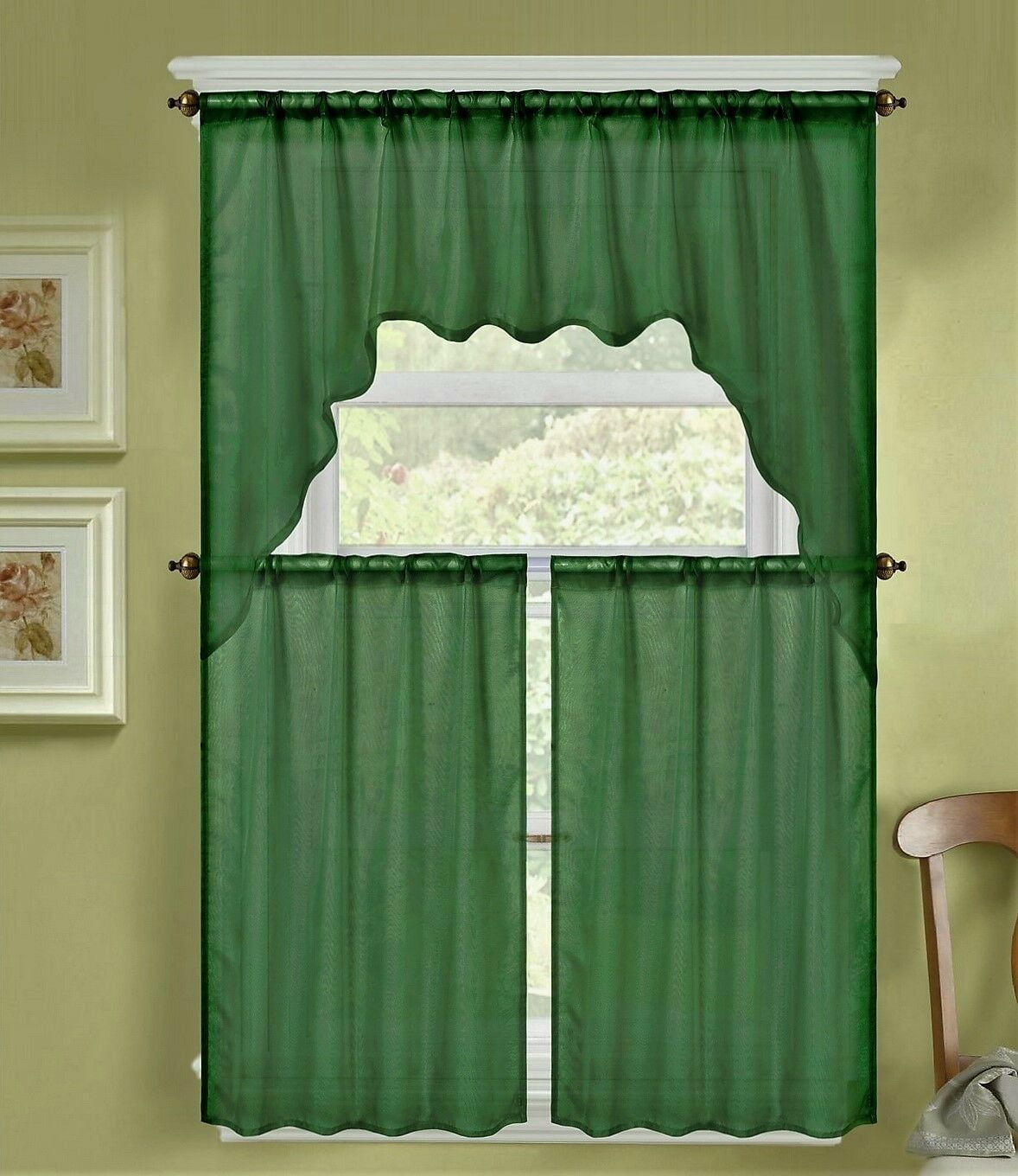 HUNTER GREEN 3PC K66 Luxurious Sheer Organza Kitchen Rod Pocket Window