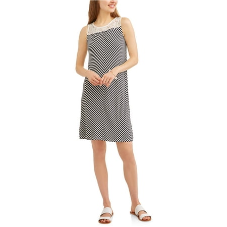 Metal Lace Dress - Women's Knit Dress with Lace Yoke