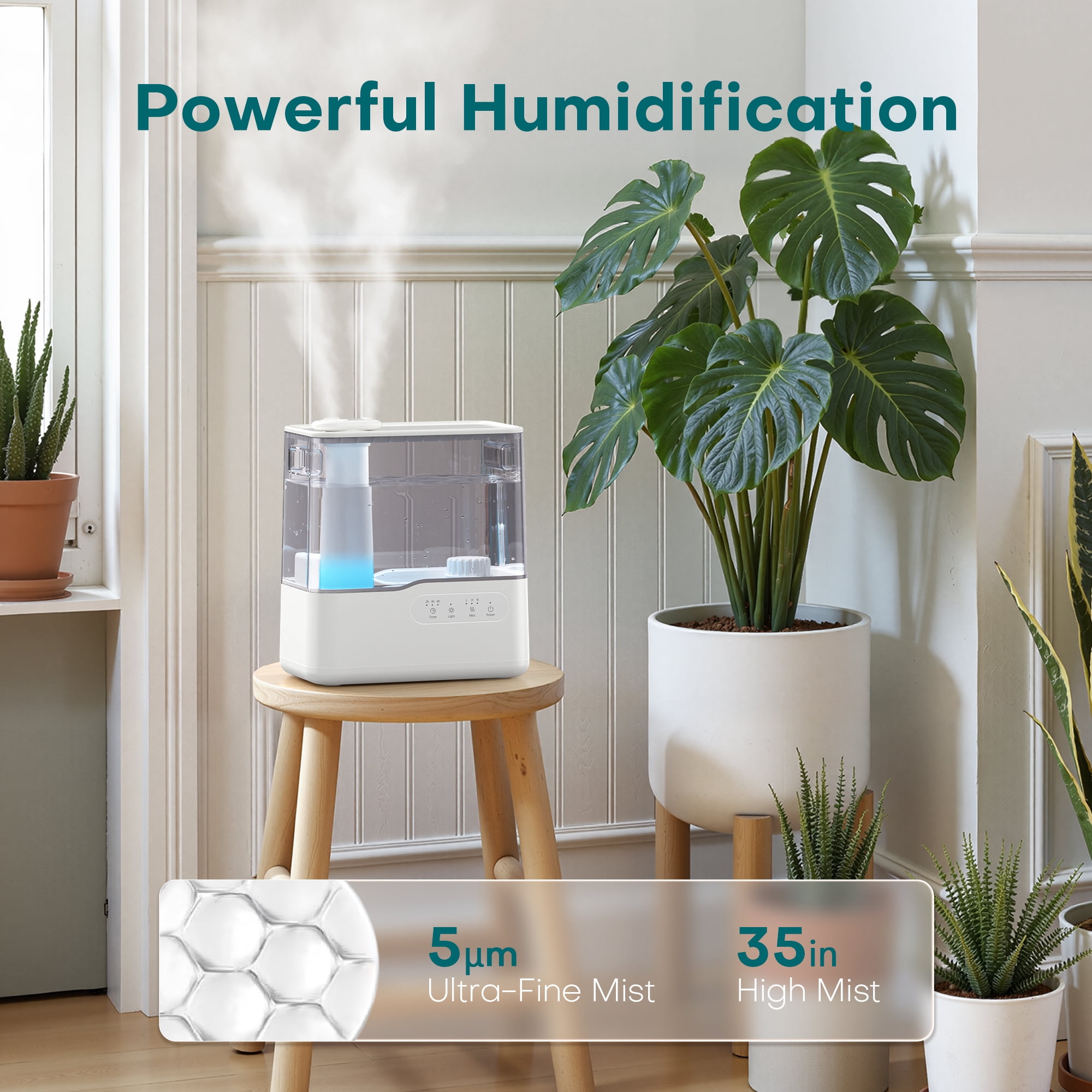 ALROCKET 5L Humidifier for Room,Top Fill Cool Mist Humidifiers for Home Large Room,Baby and Plant,25dB Quiet Vaporizer,Oil Diffuser,Nightlight,360°Rotating Nozzle,White