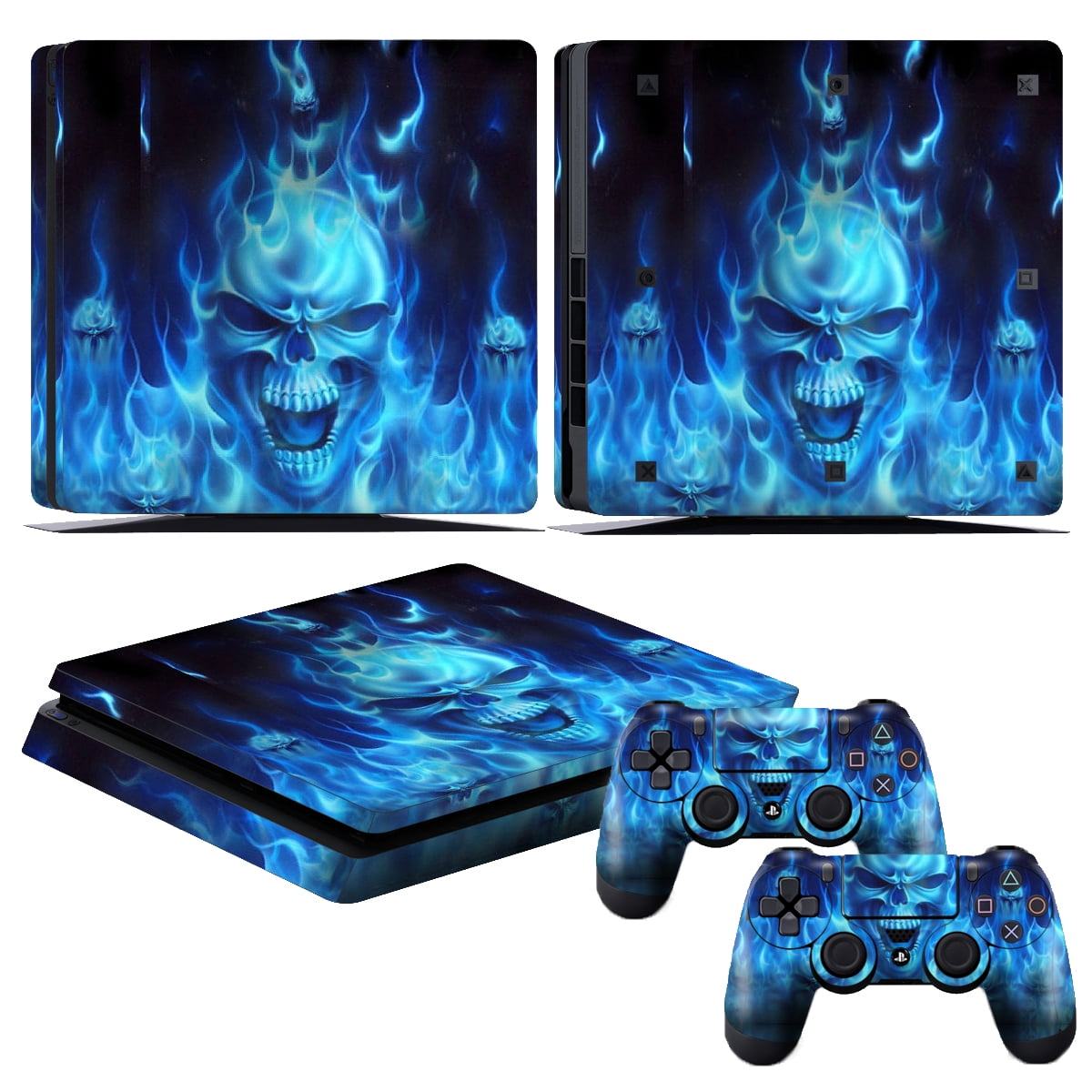 Evaluering Tæmme pin Vinyl Skin Protective Sticker for Sony PS4 Slim Console and 2 Dualshock  Controllers Cover Decal-Blue Fire Skull - Walmart.com