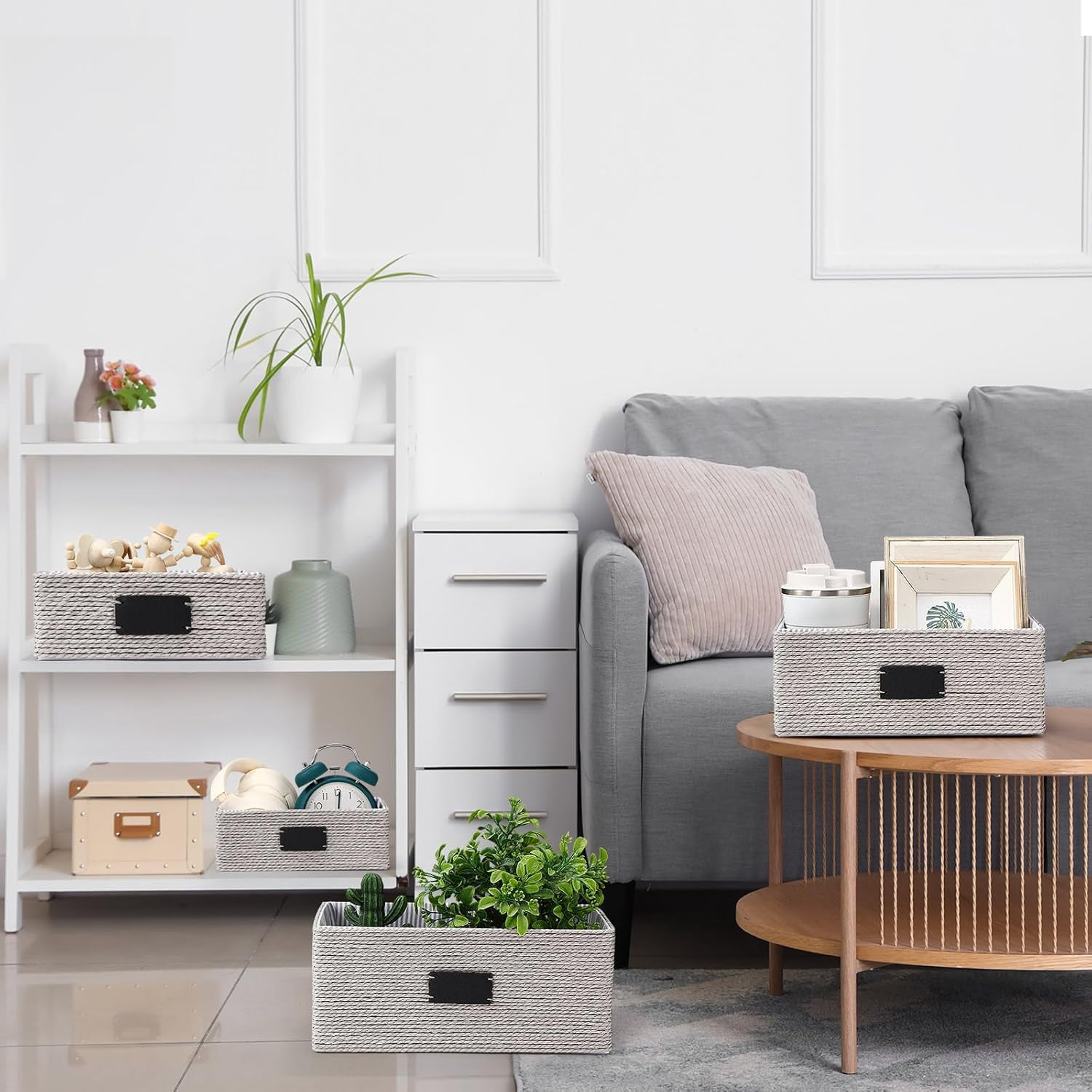 4 Pcs Woven Storage Baskets for Shelves Paper Rope Organizer Recycled Wicker Organizing Basket with Label Liner Large and Small Decorative Multifunctional Bins for Shelves Cupboards Drawer(Grey)