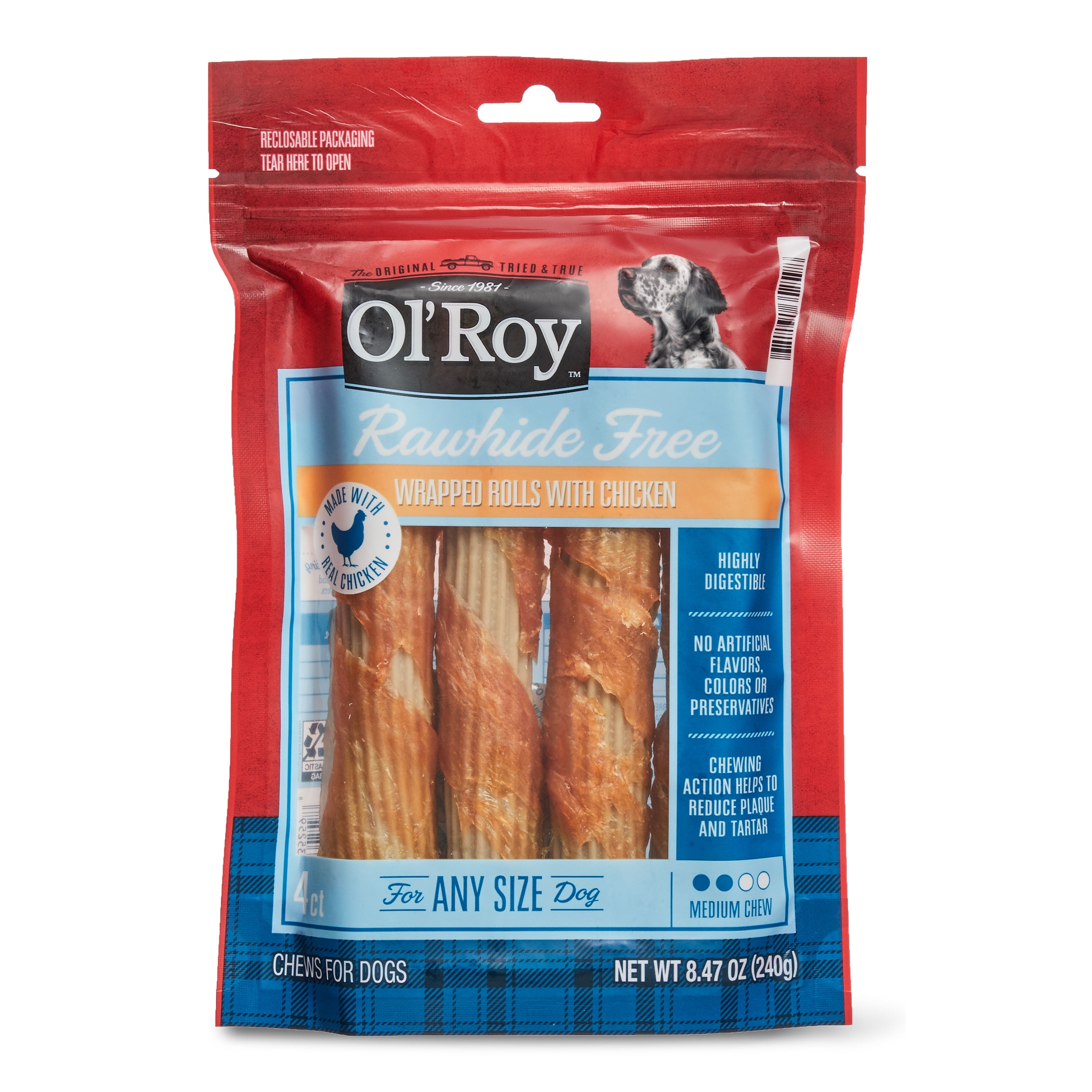 Ol’ Roy Rawhide Free Wrapped Rolls with Chicken for Any Size Dogs, 4