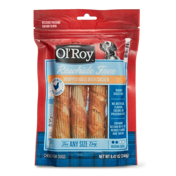 Ol’ Roy Rawhide Free Wrapped Rolls with Chicken for Any Size Dogs, 4