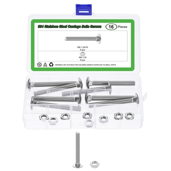 8 Set Carriage Bolts and Nuts Kit, M8-1.25x70 Stainless Steel 304 Round Head Square Neck Carriage Bolts Screws and Hex Nuts - Silver
