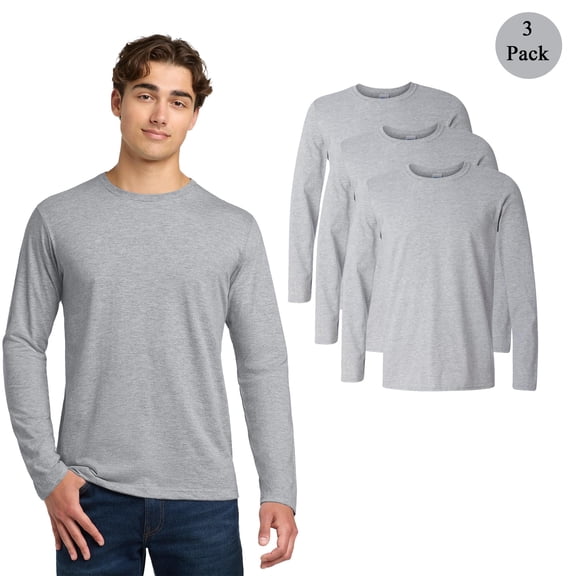 Gildan Softstyle Men's Long Sleeve T-Shirt, Crew Neck Sport Grey Color Casual Tee, 3-Pack, Size 3XL