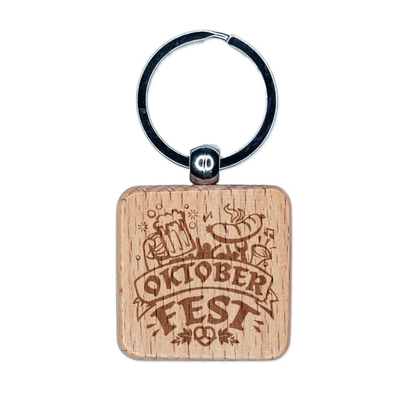 Oktoberfest Banner Beer Sausage Pretzel Square Keychain Charm Tag - Engraved Wood