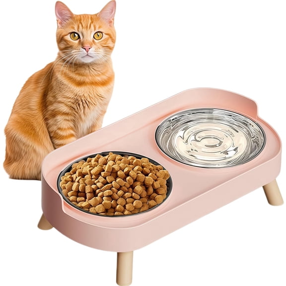 Elevated Pet Bowl Set with Wooden Stand, 2 Stainless Steel Bowls for Cats & Small Dogs, 1 Set