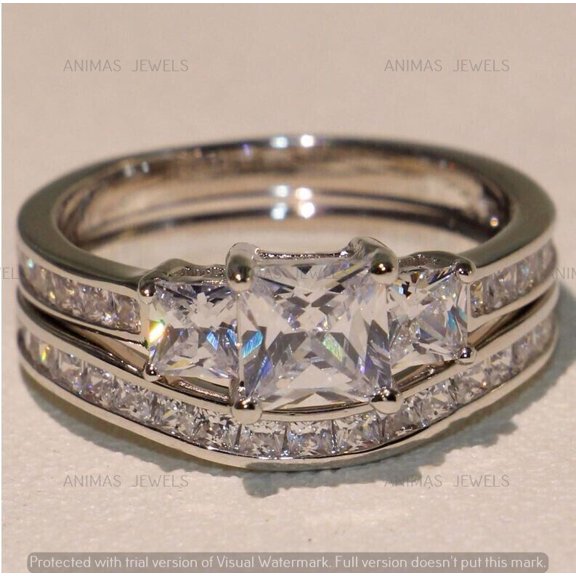 Ring Jewels 2.75 CT Princess Cut Lab Created Diamond 3-Stone Wedding Bridal Ring Set Real 925 Sterling Silver