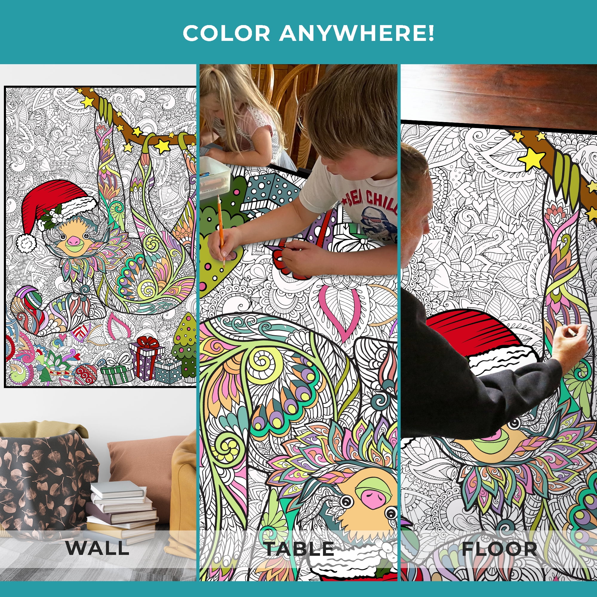 Giant Coloring Poster - Premium Jumbo Coloring Sheets for Kids & Adults with Thick Bleed-Resistant Pages, Use on Floor, Wall, or Table, Use With Alcohol Based Markers (30" x 21" , Christmas Sloth)