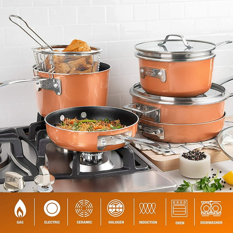 Gotham Steel Copper Cast Stackmaster Pots and Pans Set, 10 Piece Stackable  Cookware with Nonstick Cast Texture Coating, Includes Frying Basket, Fry