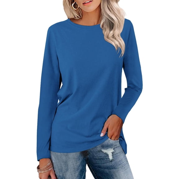 Women's Color Block Tops Casual Long Sleeve Tunic Round Neck Pullover Shirts 01-Blue XXL