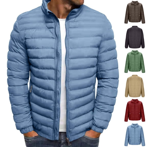 Xcmzpl Puffer Jacket Men Full Zip Stand Collar Quilted Jackets Solid Warm Winter Coats Lightweight Fall Outerwear with Pockets