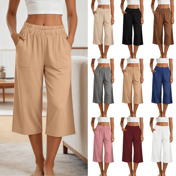 Yuanlook Women's Cropped Wide Leg Pants, Elastic Waist Large Patch Pockets Relaxed Capri Pants for Casual Outings and Weekend Gatherings S‑XXL