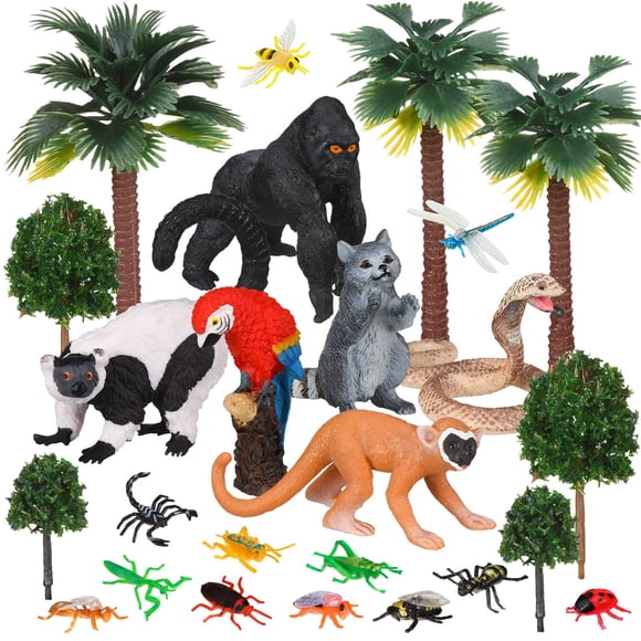 Juego de figuras de animales de la selva tropical de Jexine, paquete de 25 con árboles