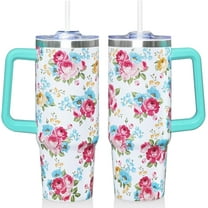 30 Oz Floral Tumbler with Handle and Straw, Floral Insulated Stainless Steel Coffee Travel Cup Mug Water Bottle, Unique Flower Gifts for Women