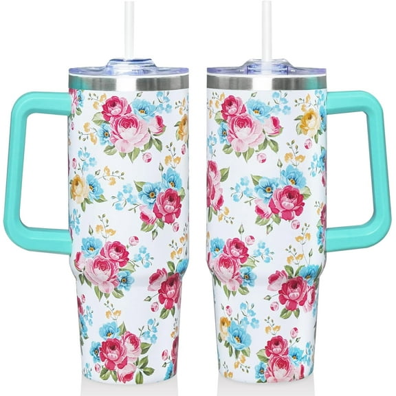 30 Oz Floral Tumbler with Handle and Straw, Floral Insulated Stainless Steel Coffee Travel Cup Mug Water Bottle, Unique Flower Gifts for Women